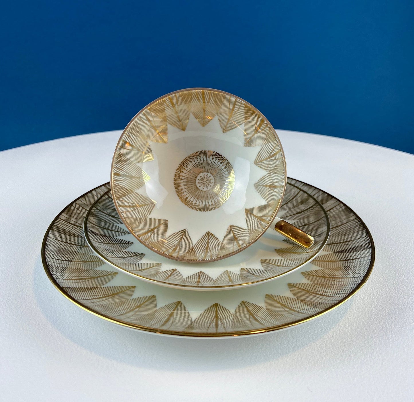 Bavarian Porcelain Tea Trio: Gold and Teal Geometric