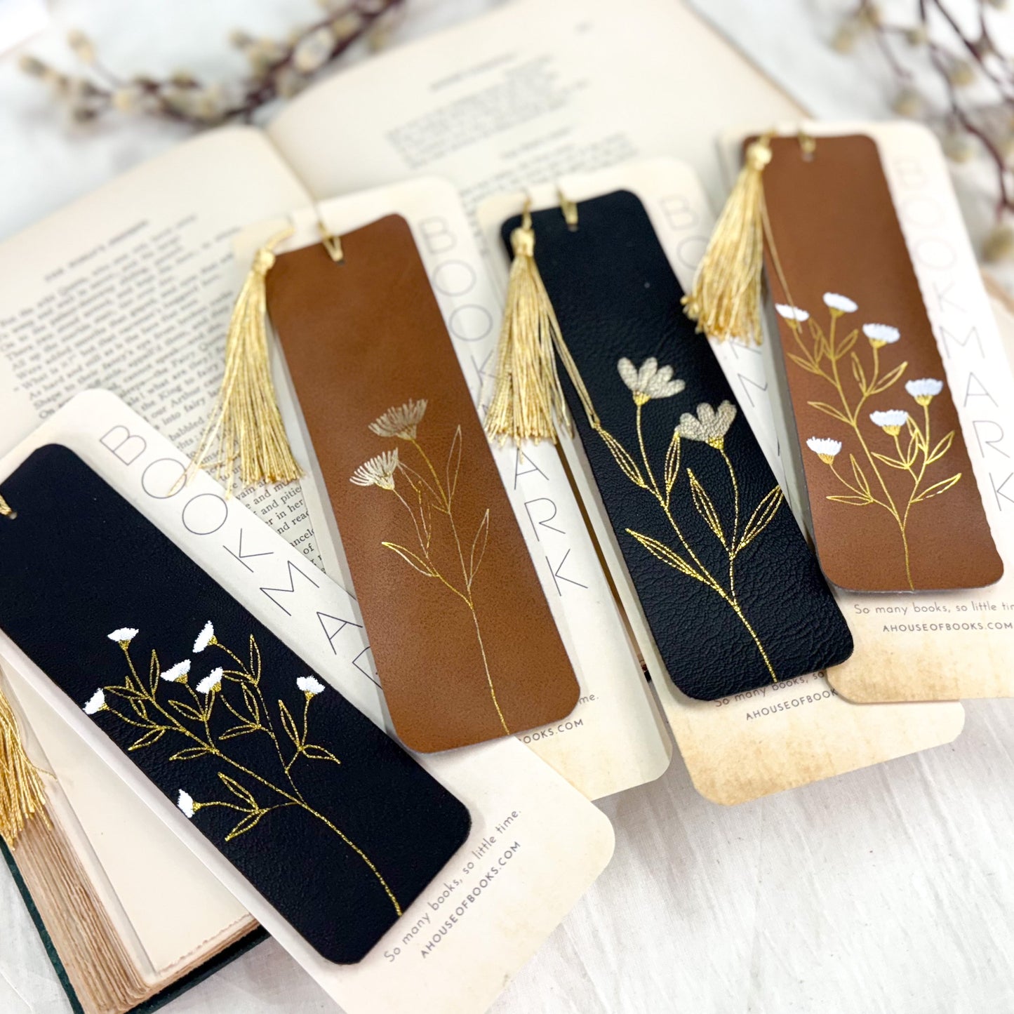 Leather Tassel Bookmarks — Floral
