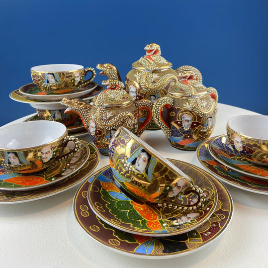 Satsuma Moriage Tea Service: Gold Dragon Handles, Four Settings