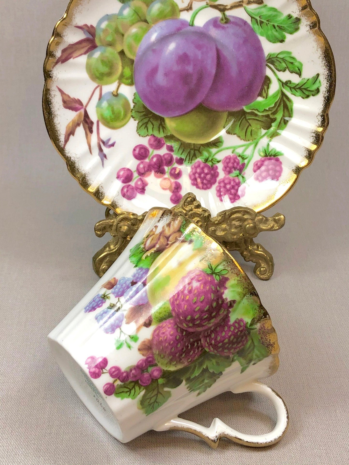 Aynsley Fine Bone China Cup and Saucer: Hand-Painted Fruit