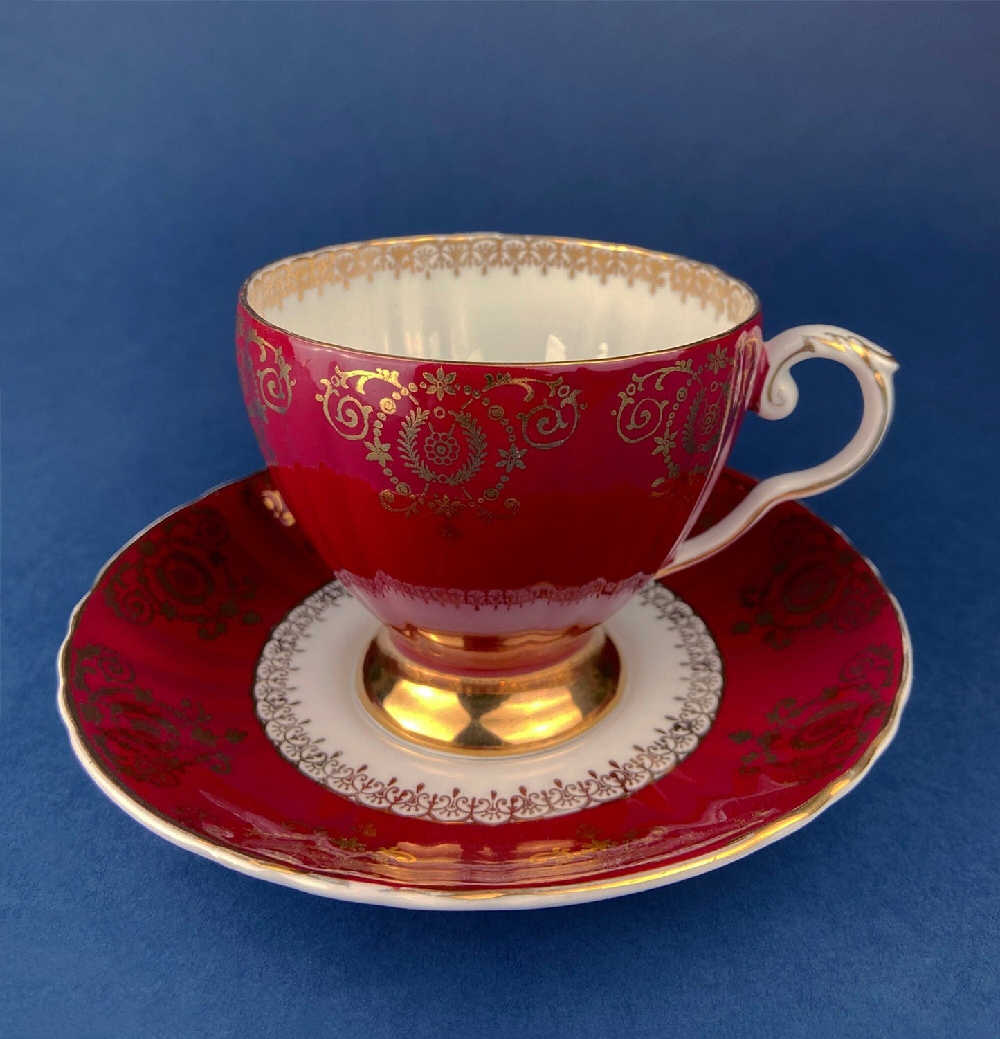 Royal Grafton Bone China Cup and Saucer: Crimson and Gold