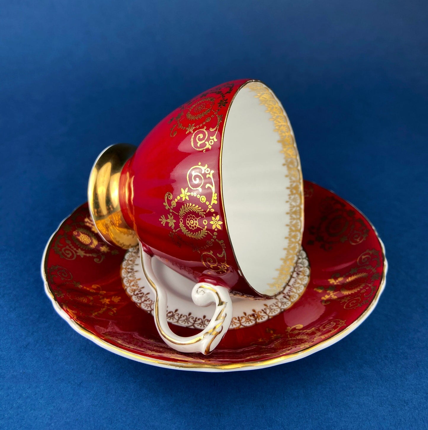 Royal Grafton Bone China Cup and Saucer: Crimson and Gold