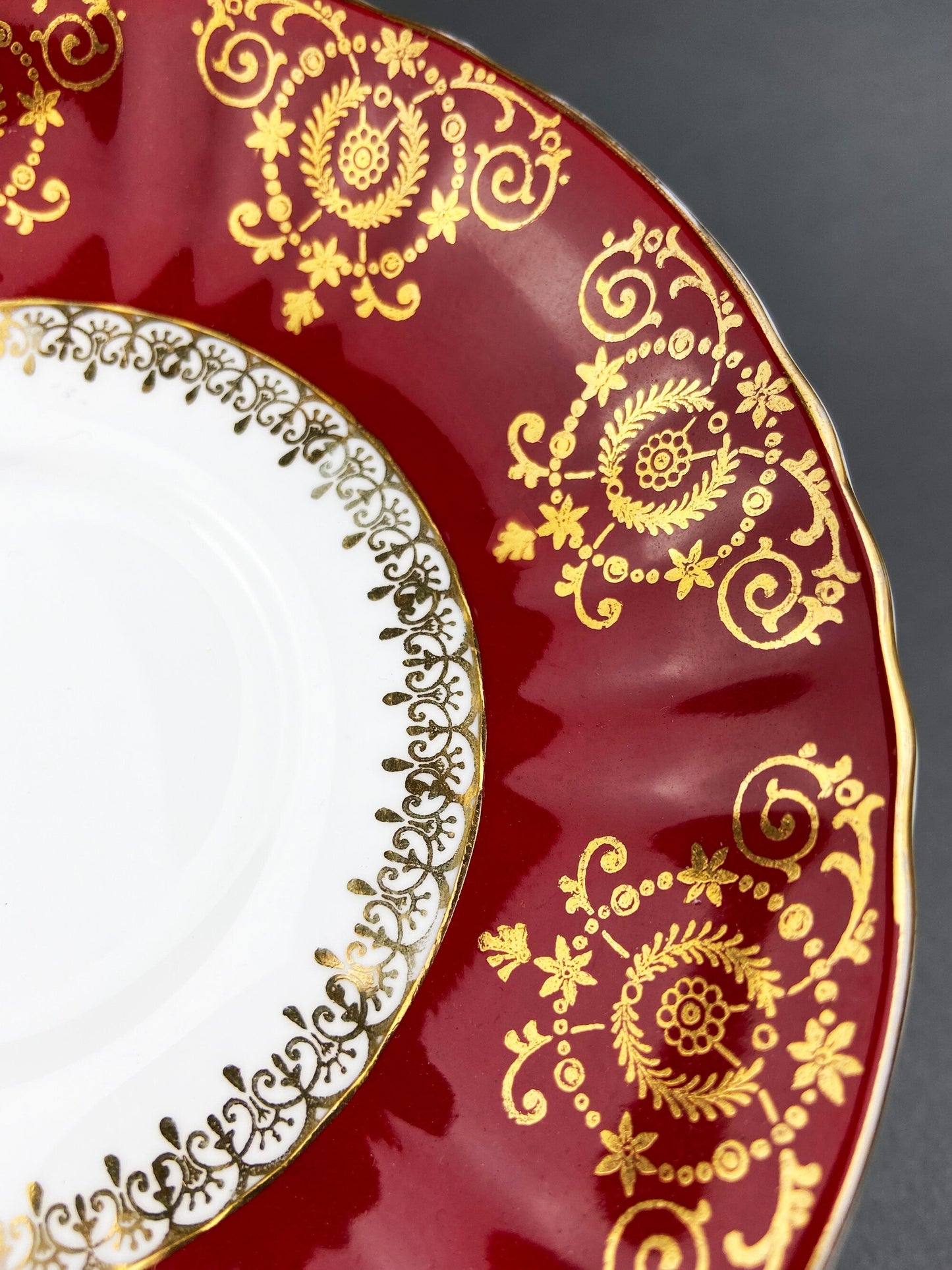 Royal Grafton Bone China Cup and Saucer: Crimson and Gold