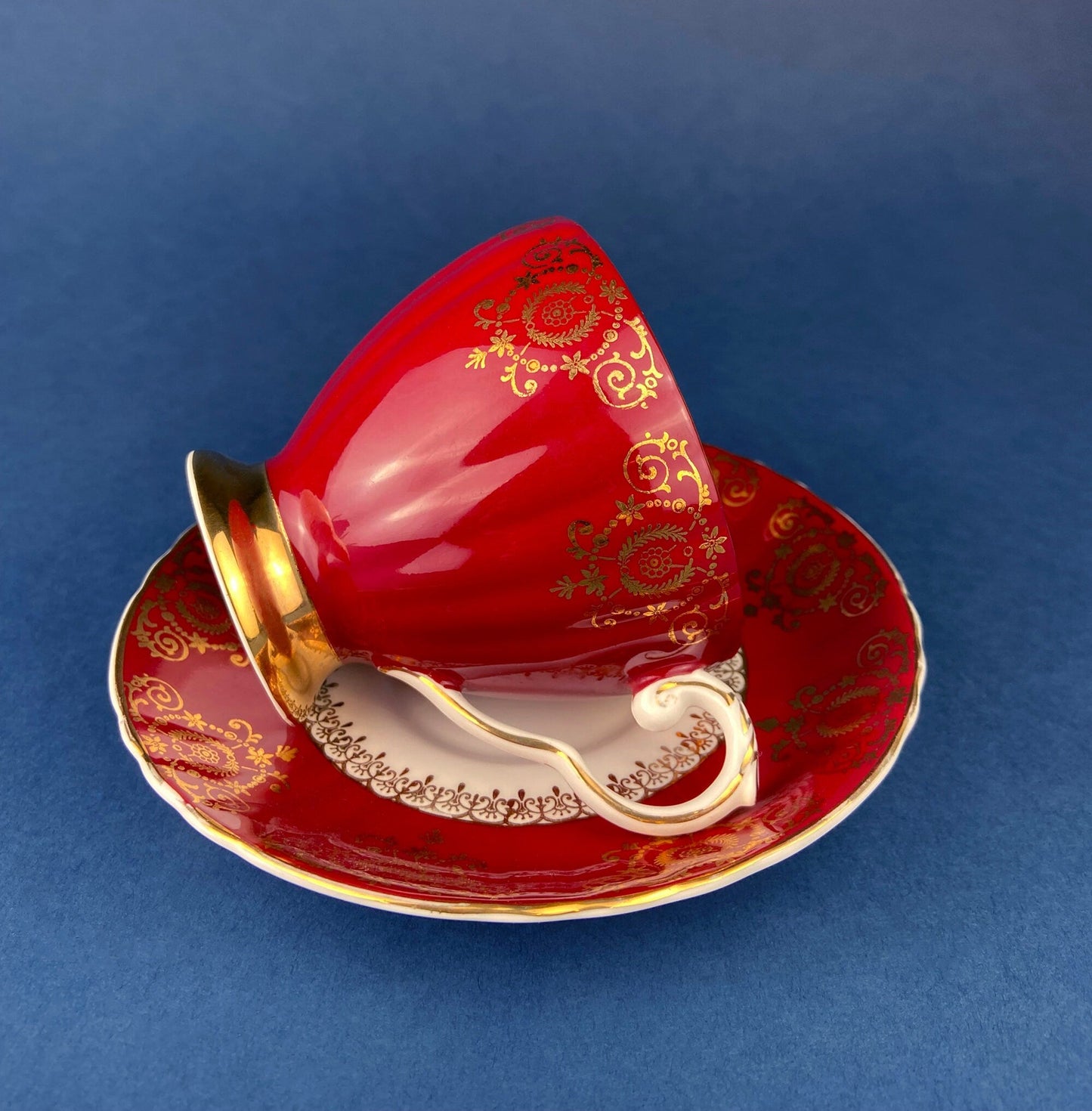 Royal Grafton Bone China Cup and Saucer: Crimson and Gold