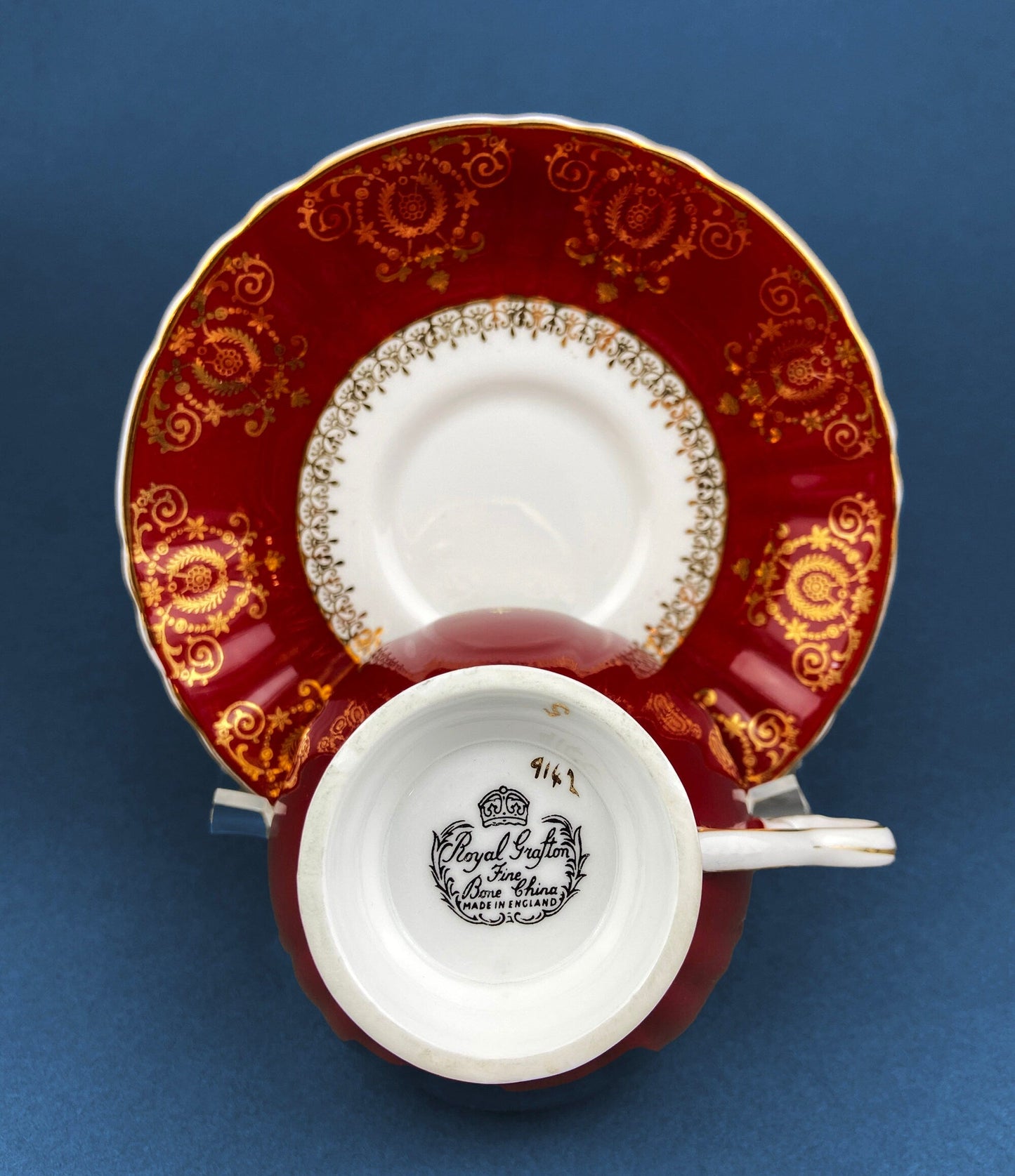 Royal Grafton Bone China Cup and Saucer: Crimson and Gold