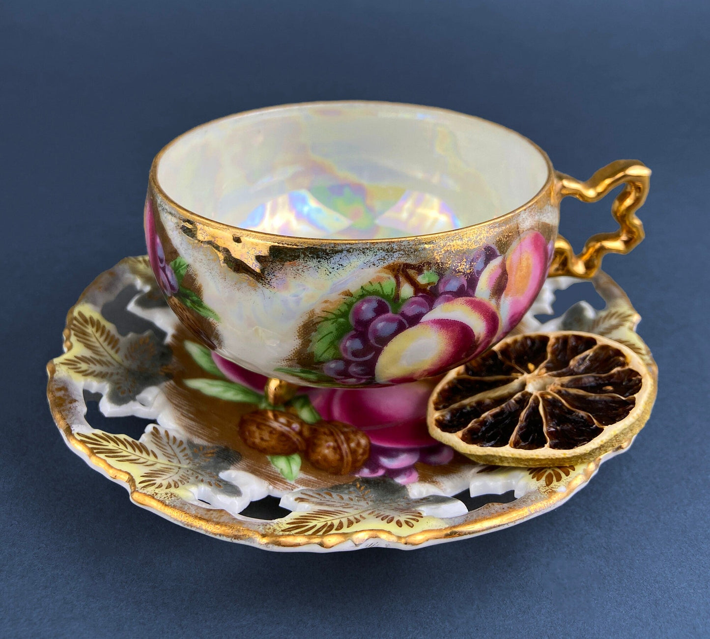 Aynsley Fine Bone China Cup and Saucer: Hand-Painted Fruit