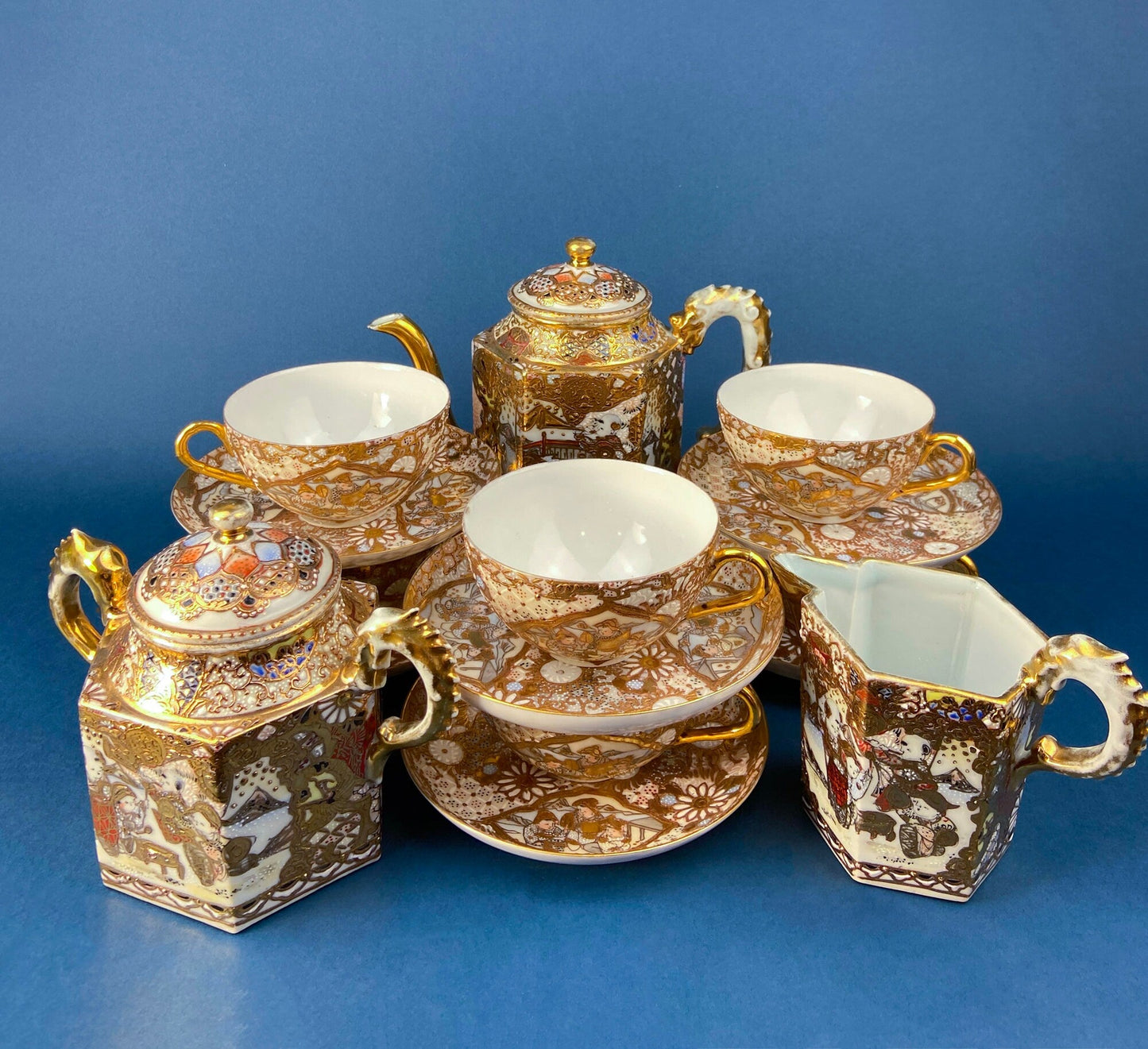 Antique Japanese Moriage Tea Service: Six Settings