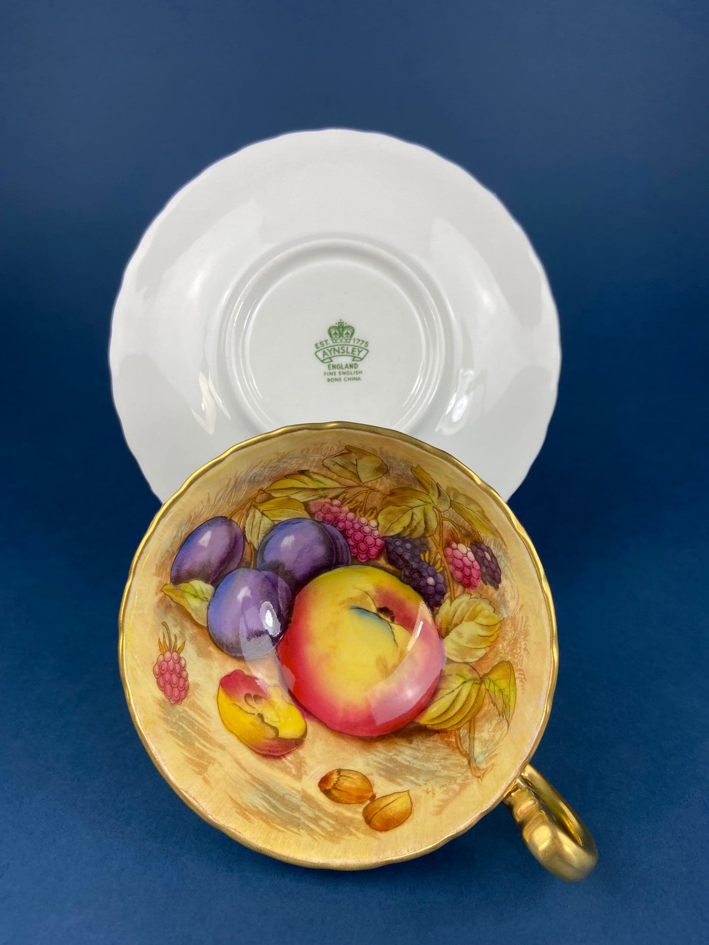 Aynsley Fine Bone China Cup and Saucer: Hand-Painted Fruit
