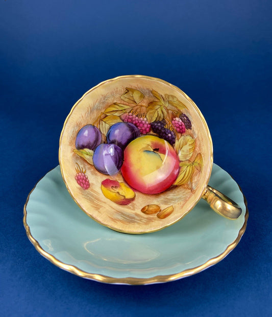 Aynsley Fine Bone China Cup and Saucer: Hand-Painted Fruit