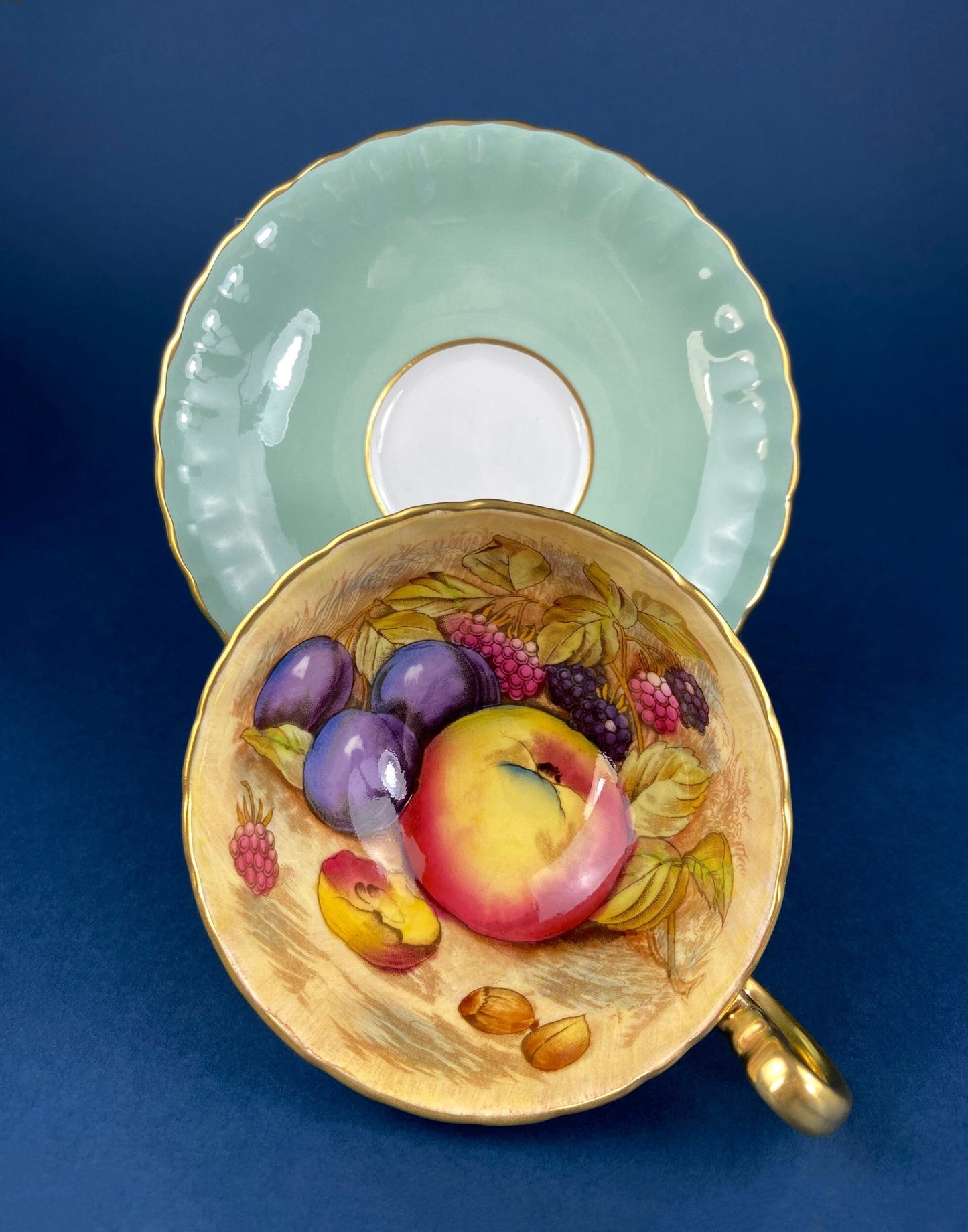 Aynsley Fine Bone China Cup and Saucer: Hand-Painted Fruit