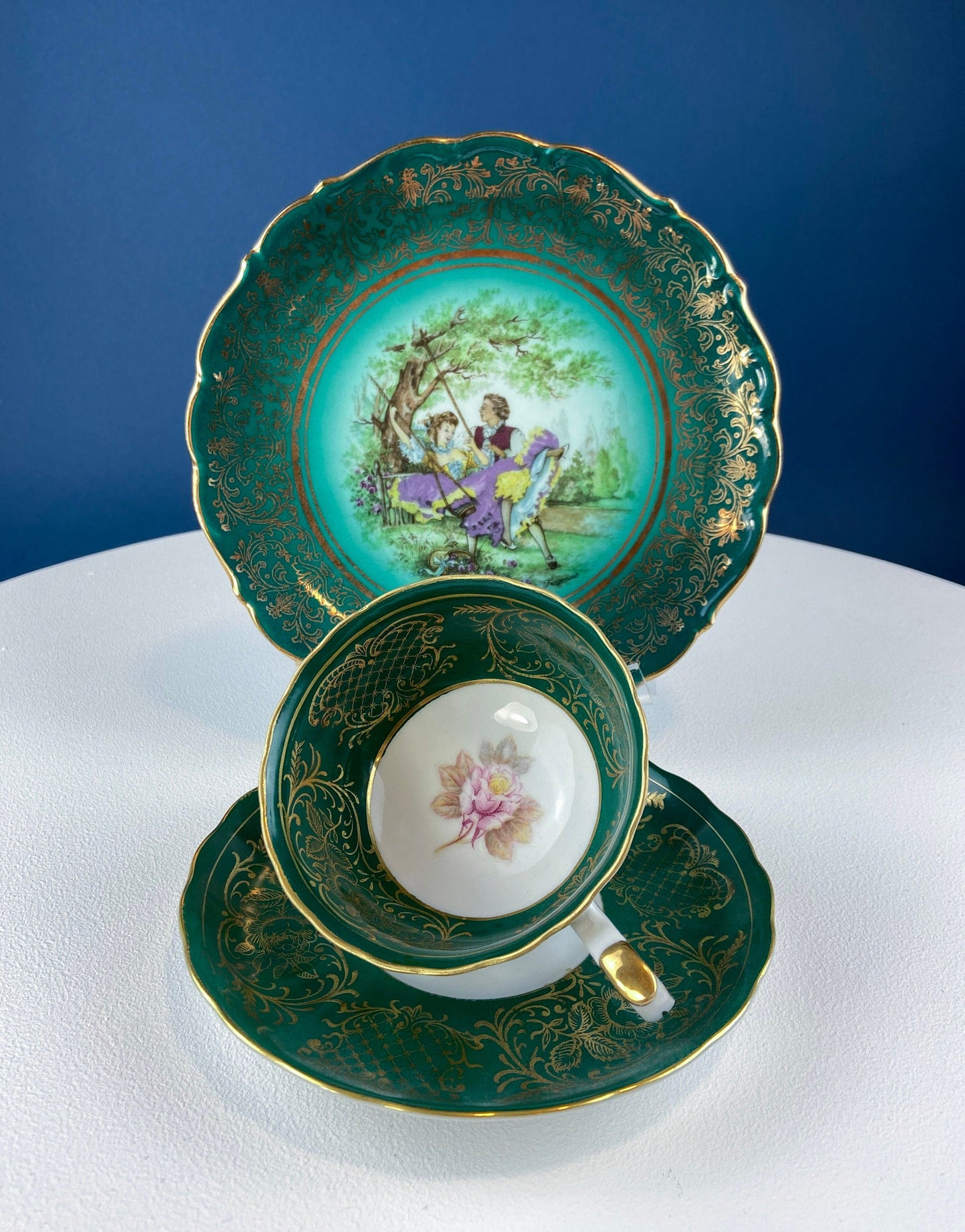 Schumann Arzberg Tea Trio : Deep Green with Painted Scene