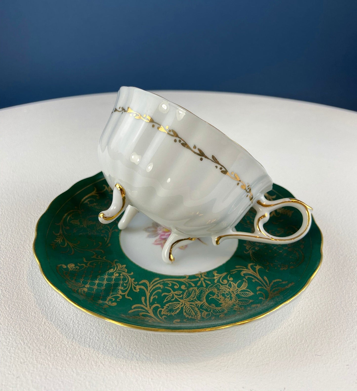 Schumann Arzberg Tea Trio : Deep Green with Painted Scene