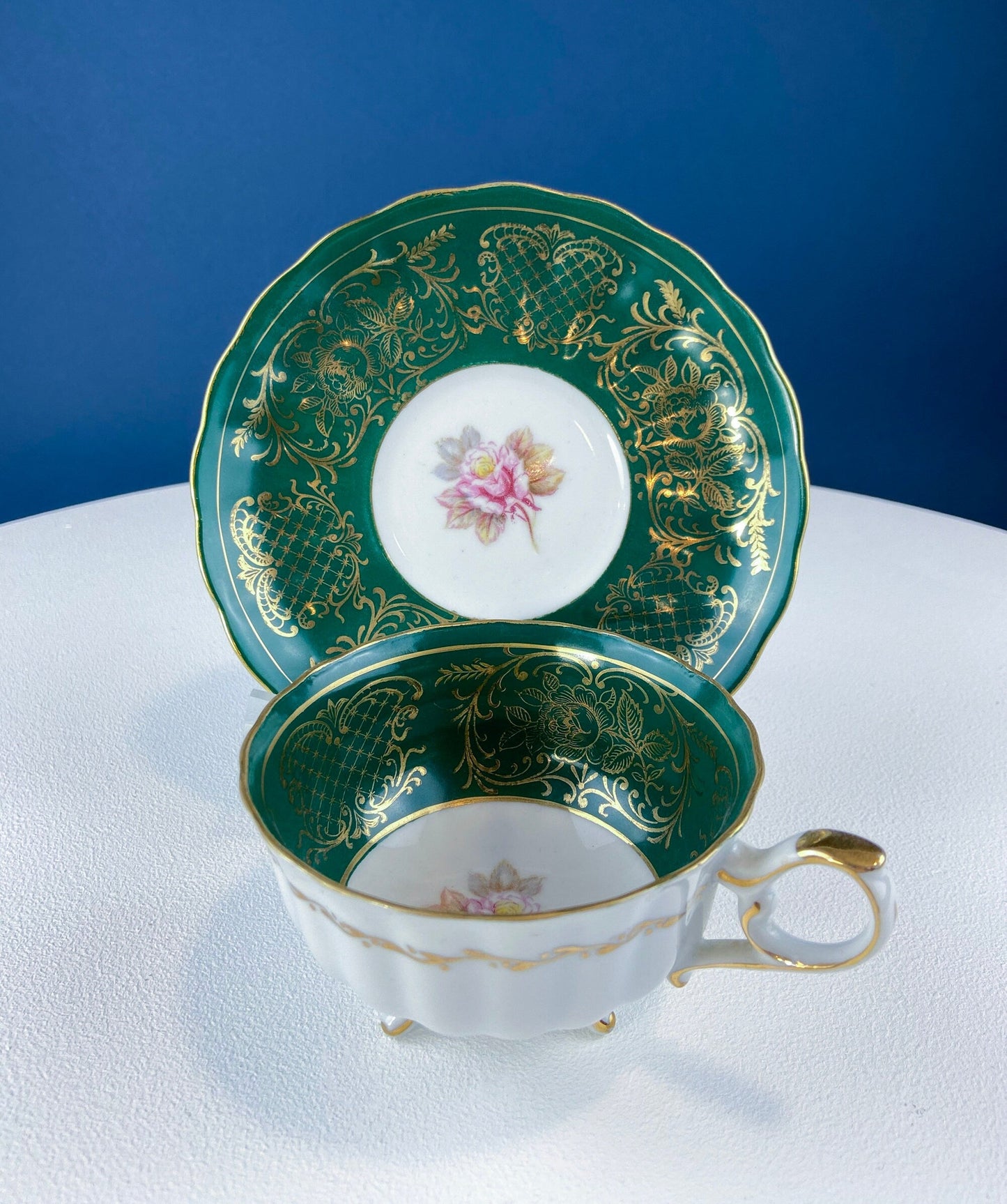 Schumann Arzberg Tea Trio : Deep Green with Painted Scene