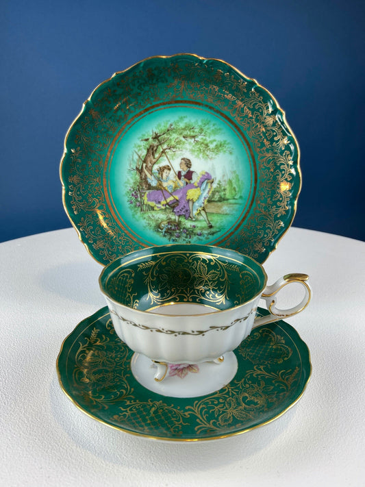Schumann Arzberg Tea Trio — Deep Green with Painted Scene