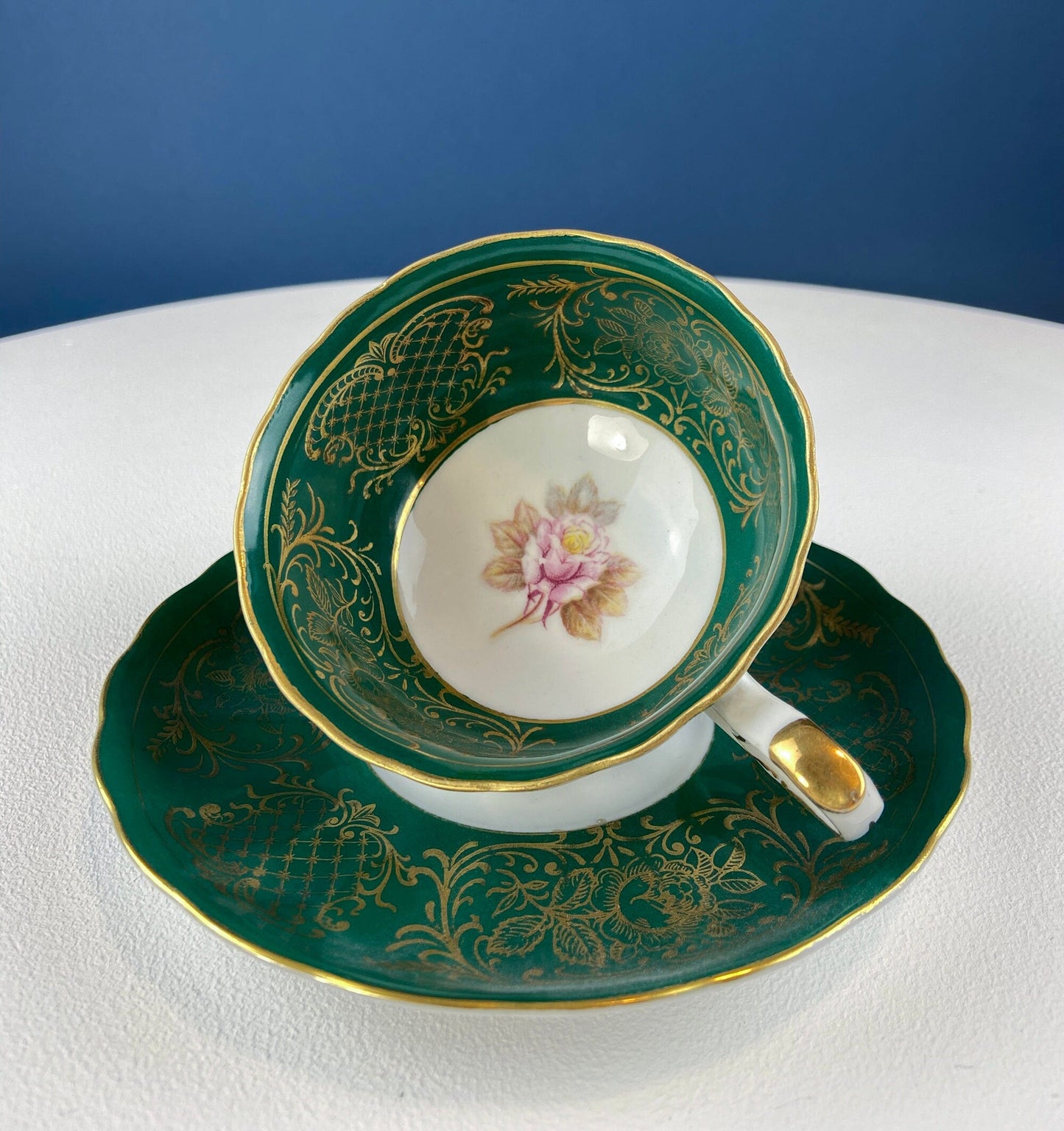 Schumann Arzberg Tea Trio : Deep Green with Painted Scene