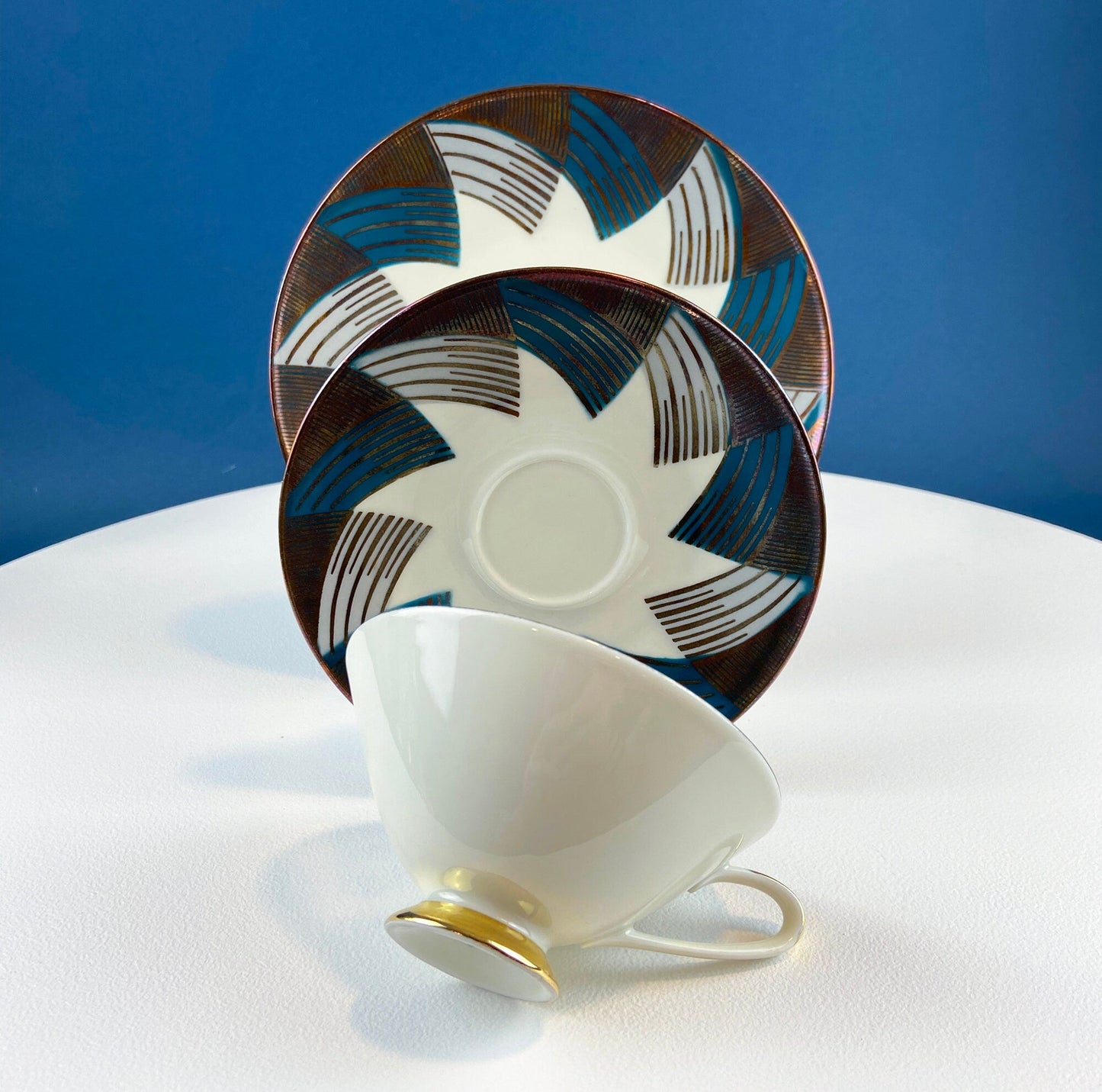 Bavarian Porcelain Tea Trio: Gold and Teal Geometric