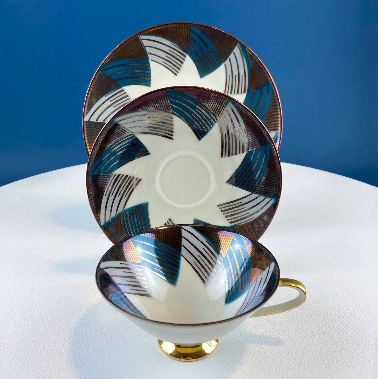 Bavarian Porcelain Tea Trio: Gold and Teal Geometric