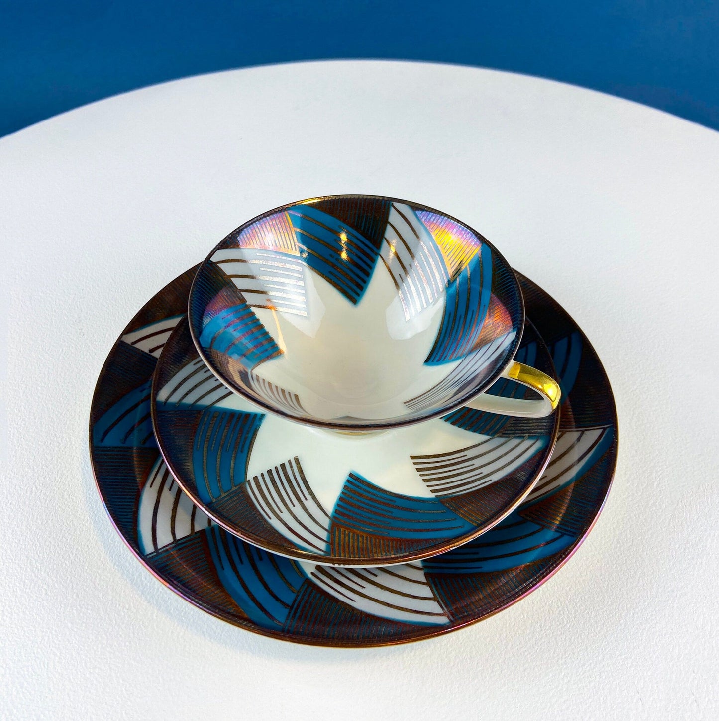 Bavarian Porcelain Tea Trio: Gold and Teal Geometric