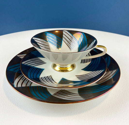 Bavarian Porcelain Tea Trio: Gold and Teal Geometric