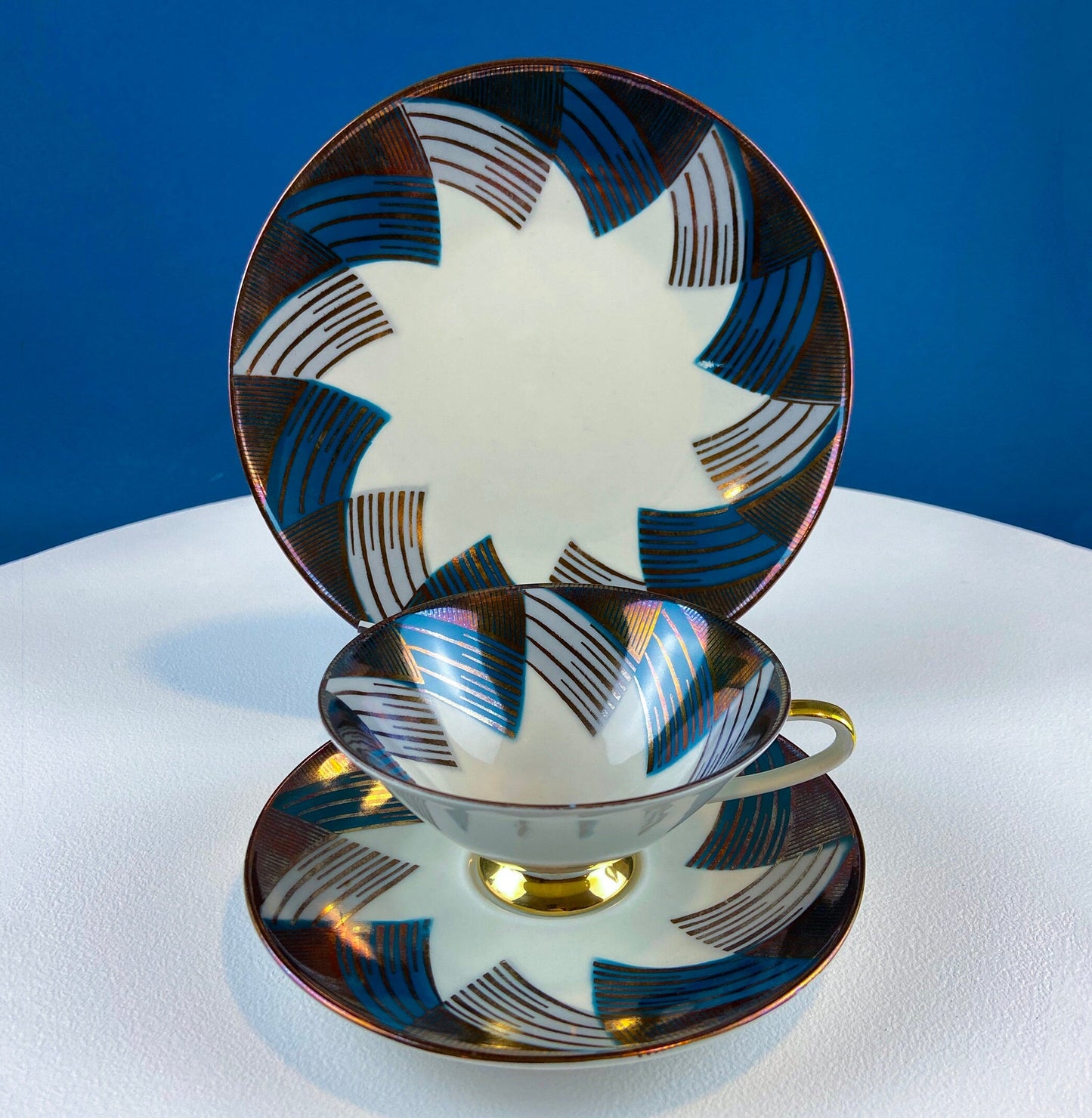 Bavarian Porcelain Tea Trio: Gold and Teal Geometric