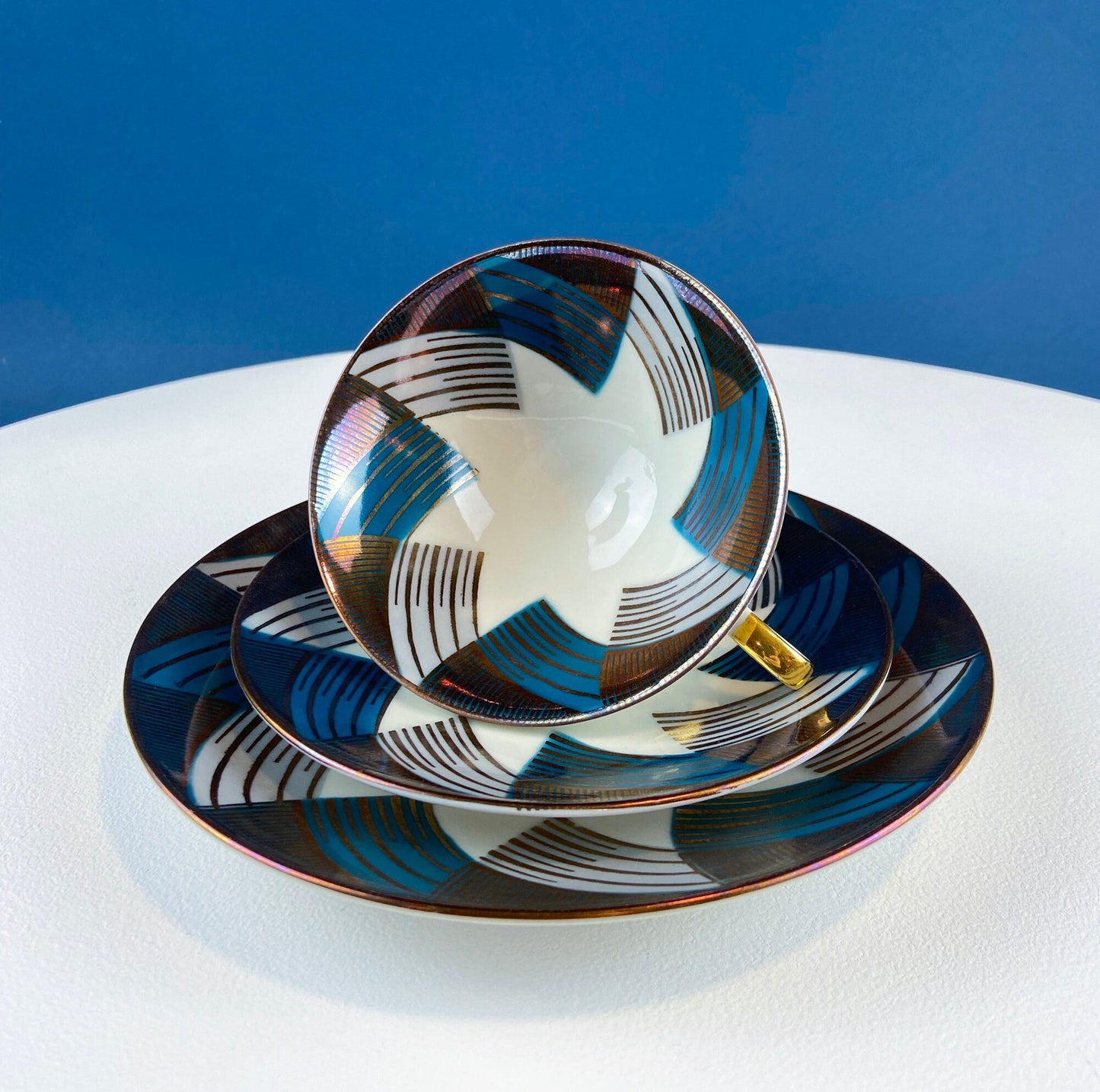 Bavarian Porcelain Tea Trio: Gold and Teal Geometric